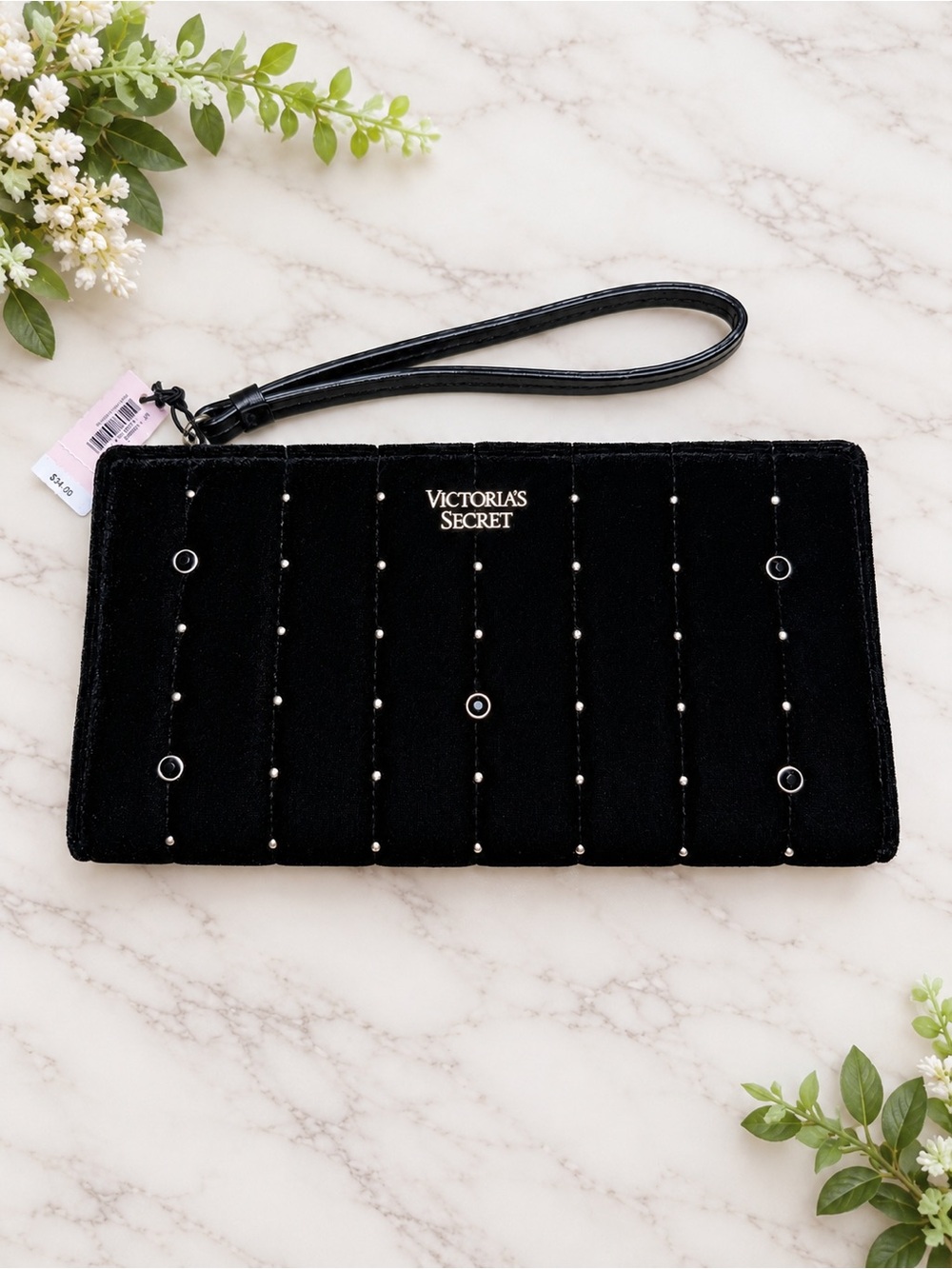 Victoria’s Secret Black Velvet Studded Wristlet Wallet Clutch NWT $34